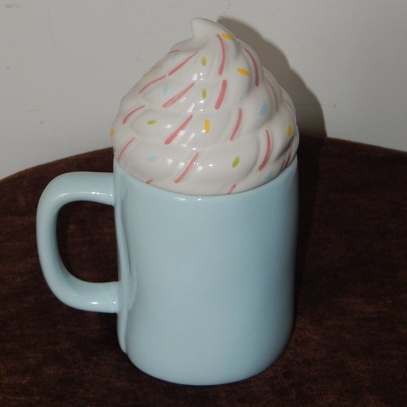 NEW Rae Dunn Artisan Collection EXTRA WHIP Blue Mug w/ Whipped Cream Topper Set - Picture 2 of 6